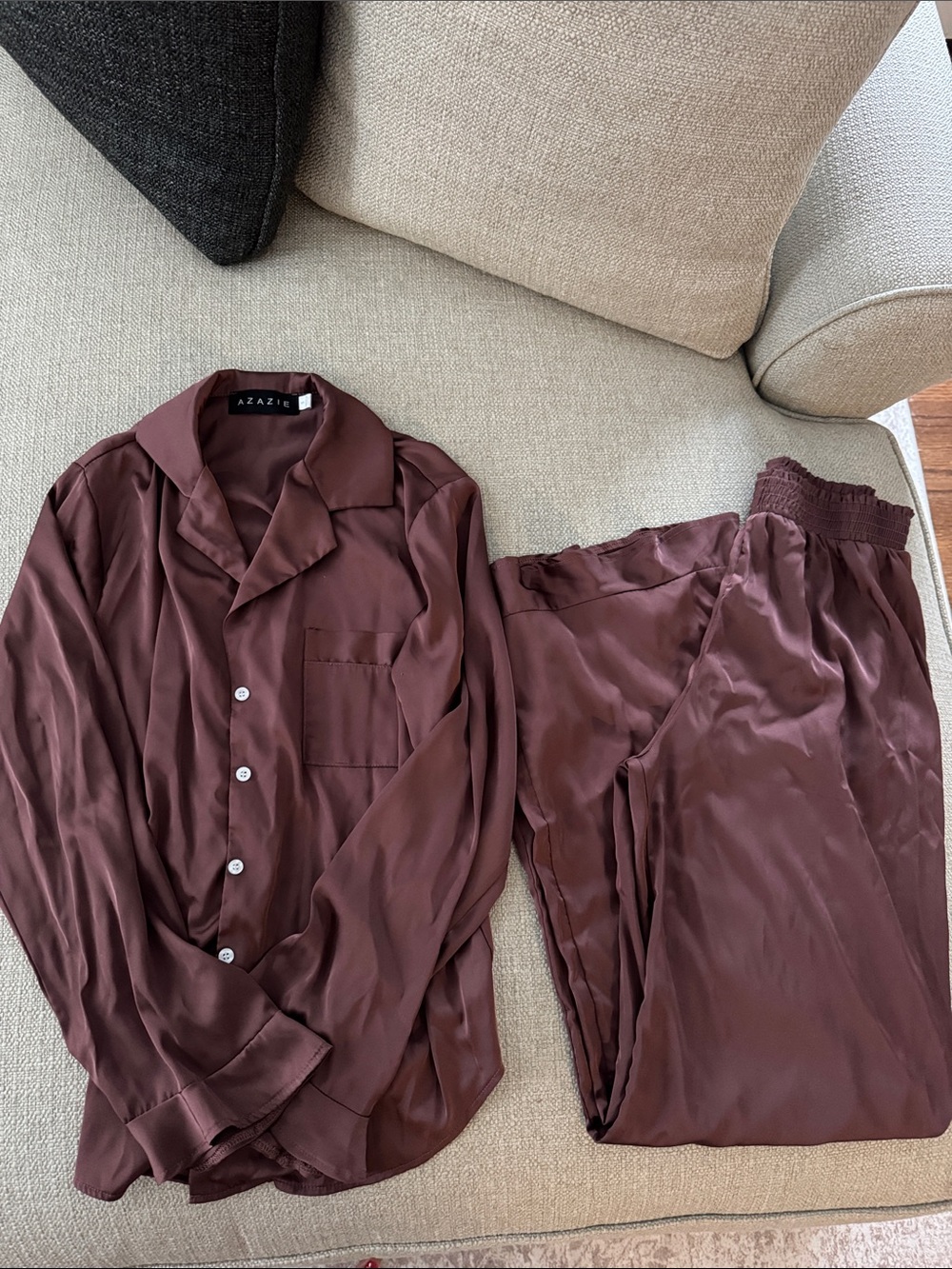 Azazie Satin Pajama Set in Wine Brown